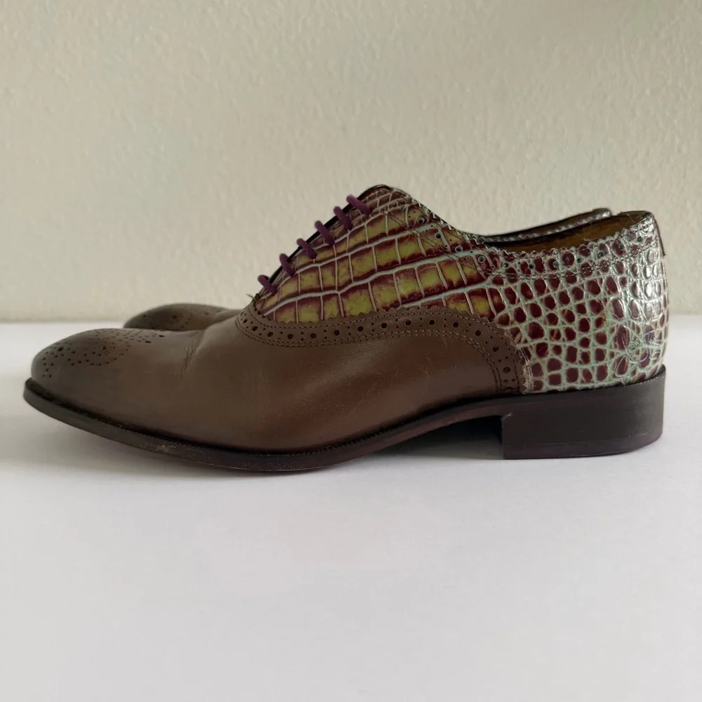 John Fluevog City Angels Damascus Classic Brogued Oxfords Grey Croc Womens US 10